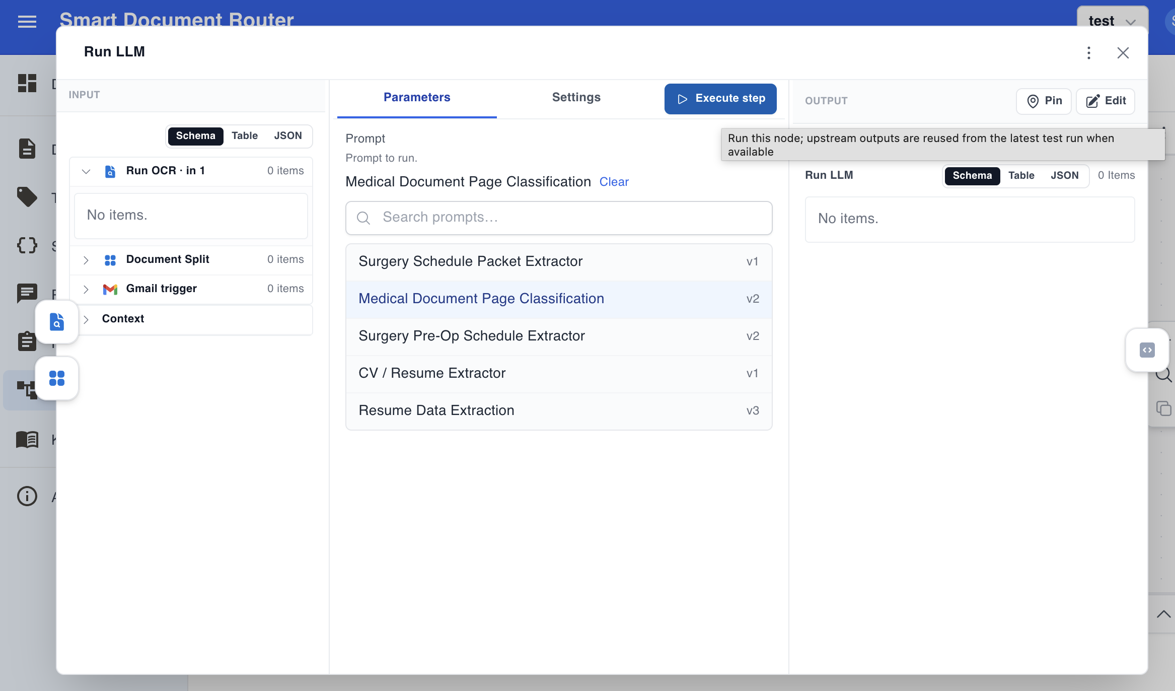 Run LLM node configuration — prompt selection, input schema, and output panel